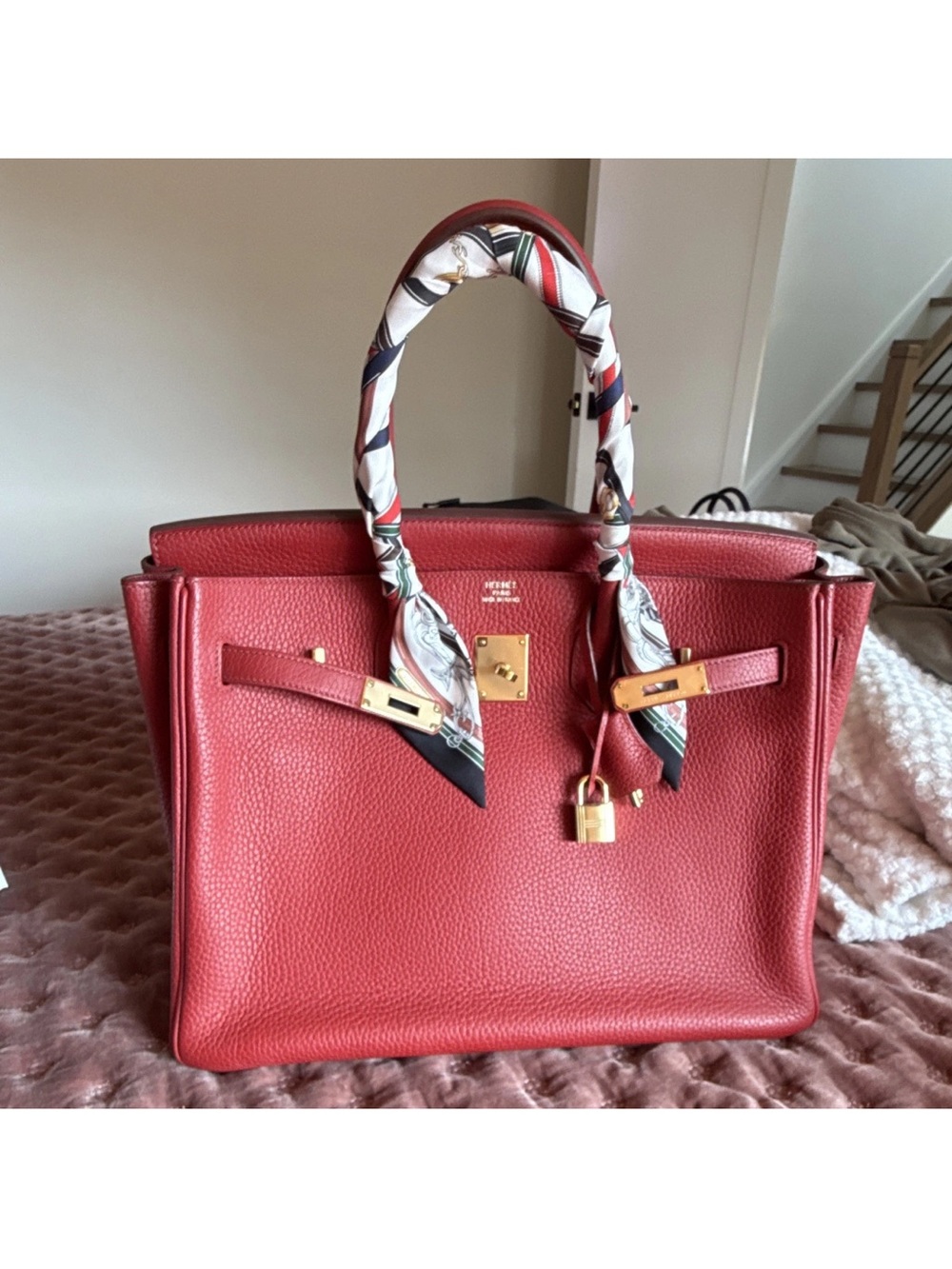 Authentic vintage Hermes Birkin 35 Rouge Garance Clemence Leather 2010